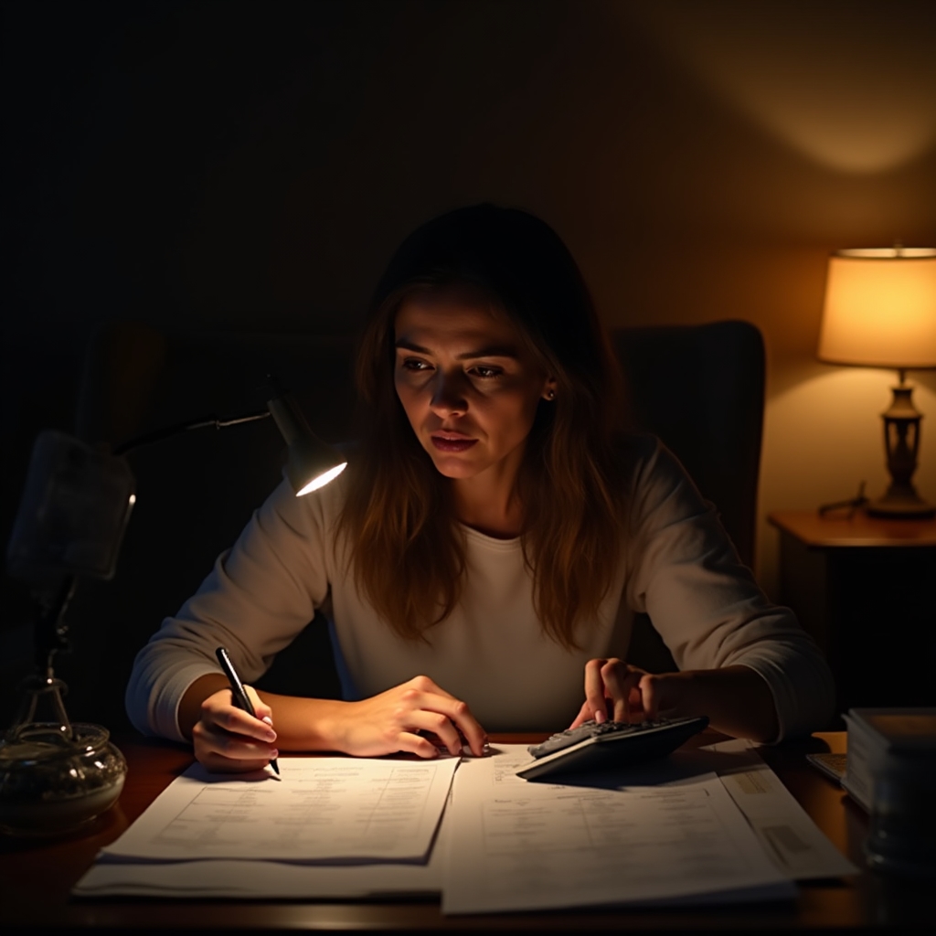 Žena večer u stolu prochází rozpočet s notesem a kalkulačkou