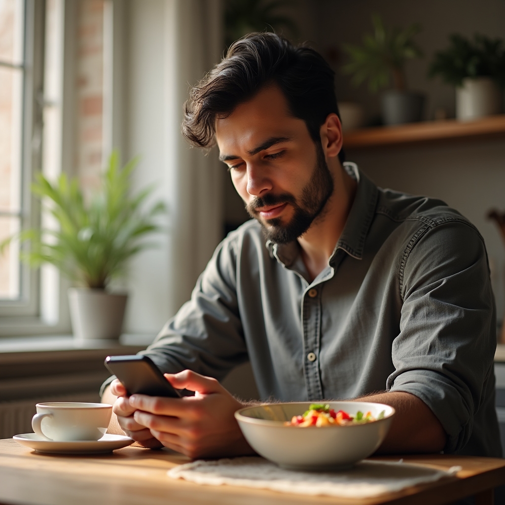 Muž ráno kontroluje bankovní aplikaci na mobilu u snídaně